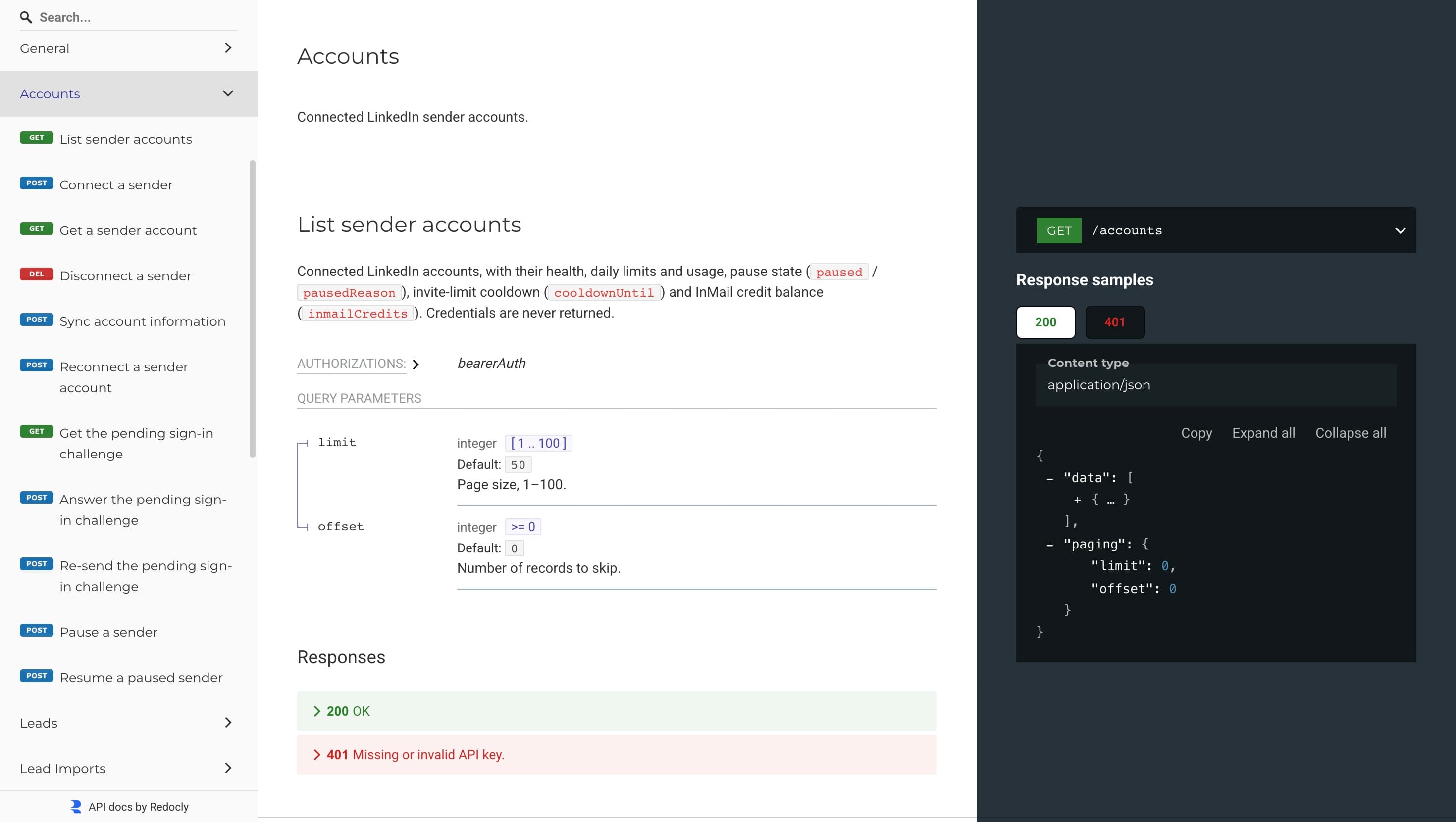 Swarmhit API documentation for sender accounts exposing health, daily limits and usage, pause state, invite cooldown, and InMail credits