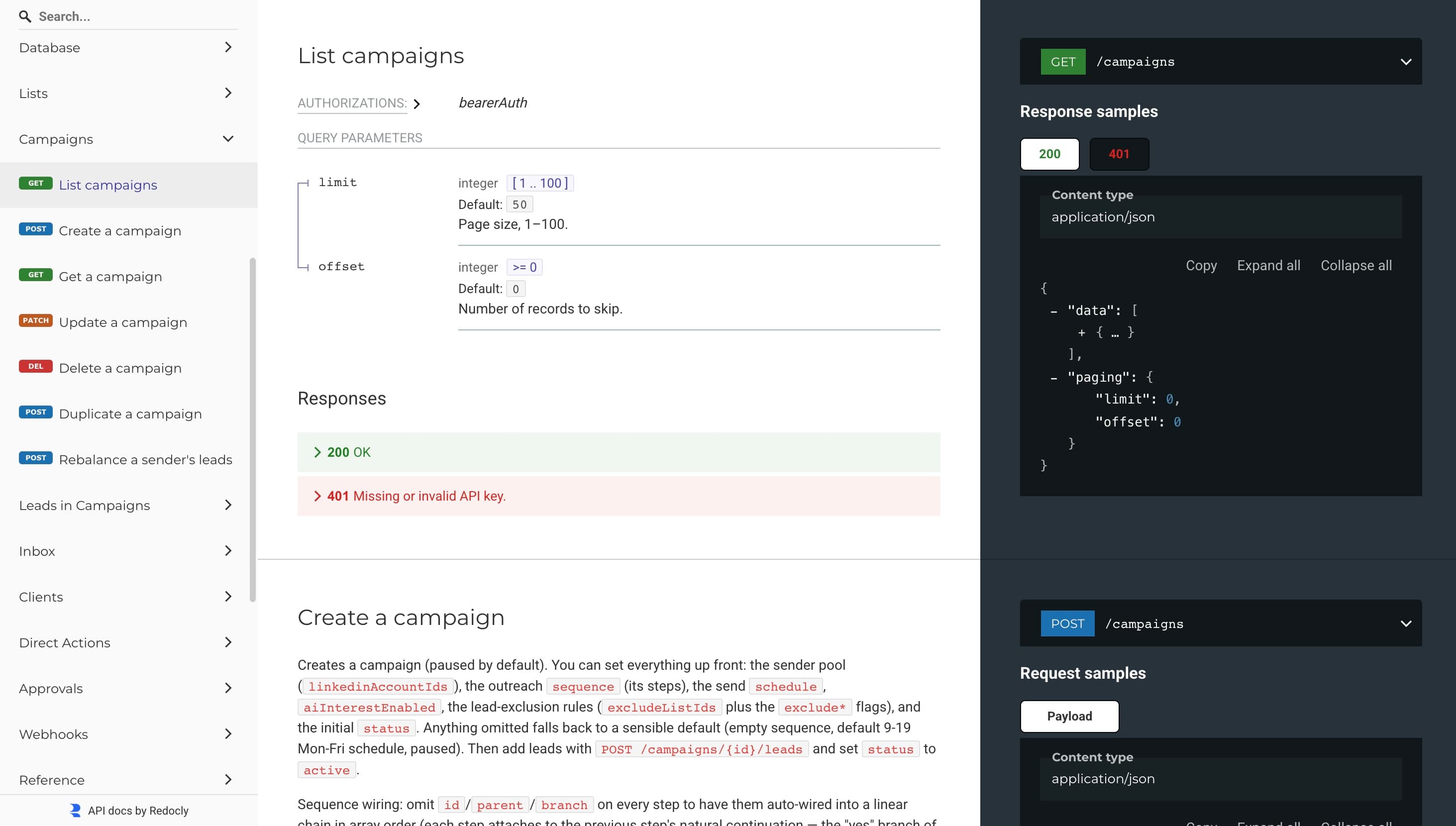Swarmhit API documentation for the campaigns resource: list campaigns and create a campaign with sender pool, sequence, schedule, and exclusion rules