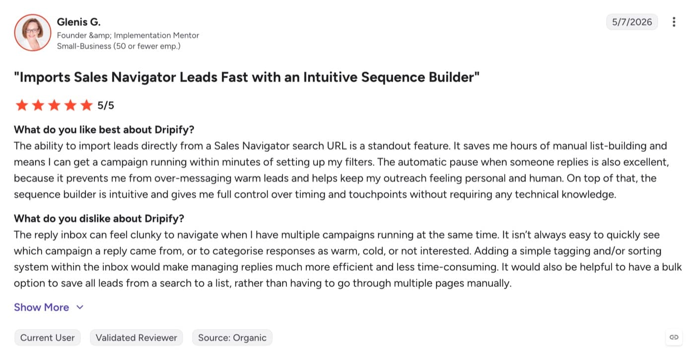 Verified G2 review of Dripify describing the reply inbox as clunky to navigate with multiple campaigns running