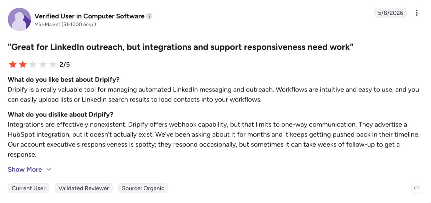 Verified G2 review of Dripify reporting that integrations are effectively nonexistent and the advertised HubSpot integration does not exist