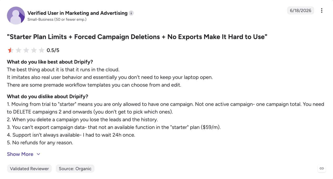 Verified G2 review of Dripify describing starter plan limits, forced campaign deletions, and no exports