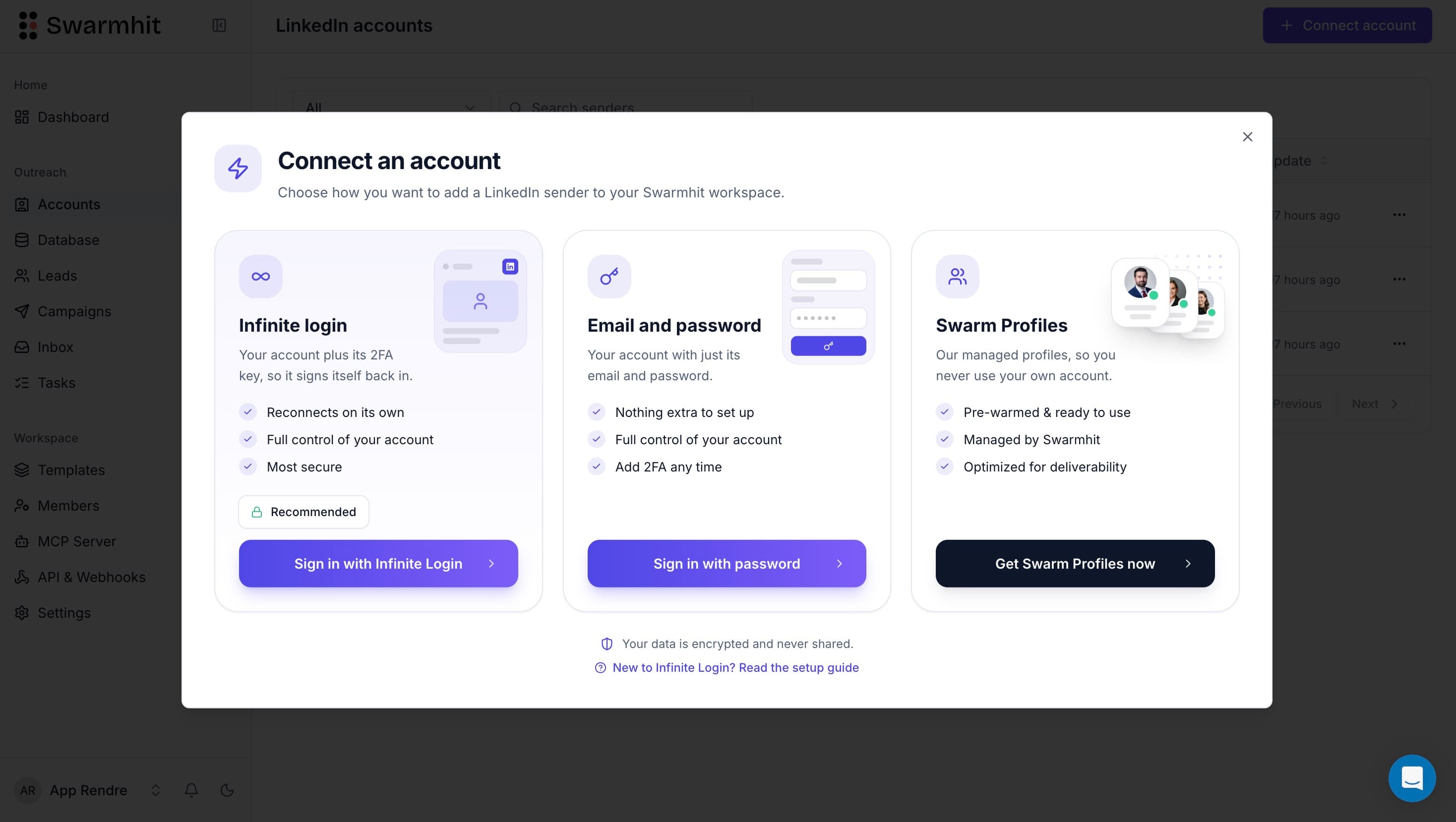 Swarmhit connect-account modal with Infinite Login using a 2FA key, email and password, or managed Swarm Profiles