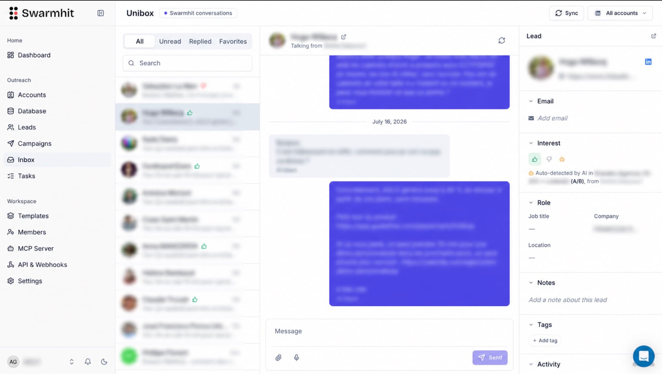 Swarmhit Unibox aggregating LinkedIn replies from every sender with AI-detected interest, lead details, notes, and tags
