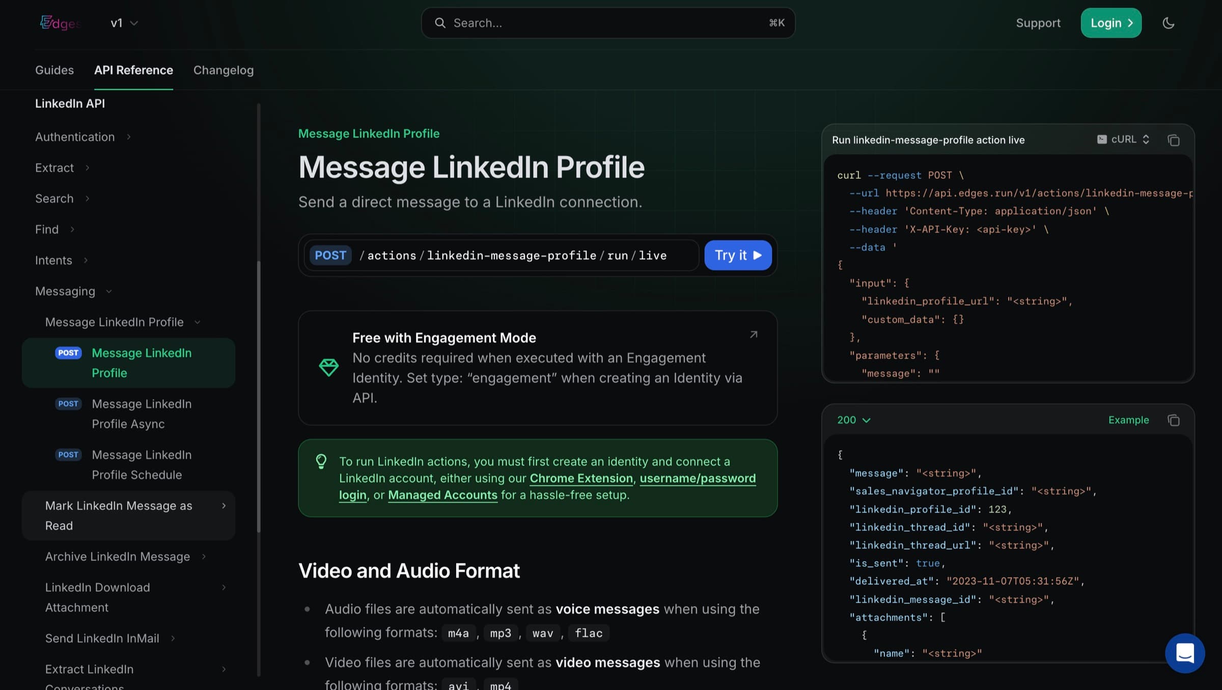 Edges API reference for the Message LinkedIn Profile action, showing the live endpoint and a note that you must connect a LinkedIn account by Chrome extension, username and password login, or managed accounts