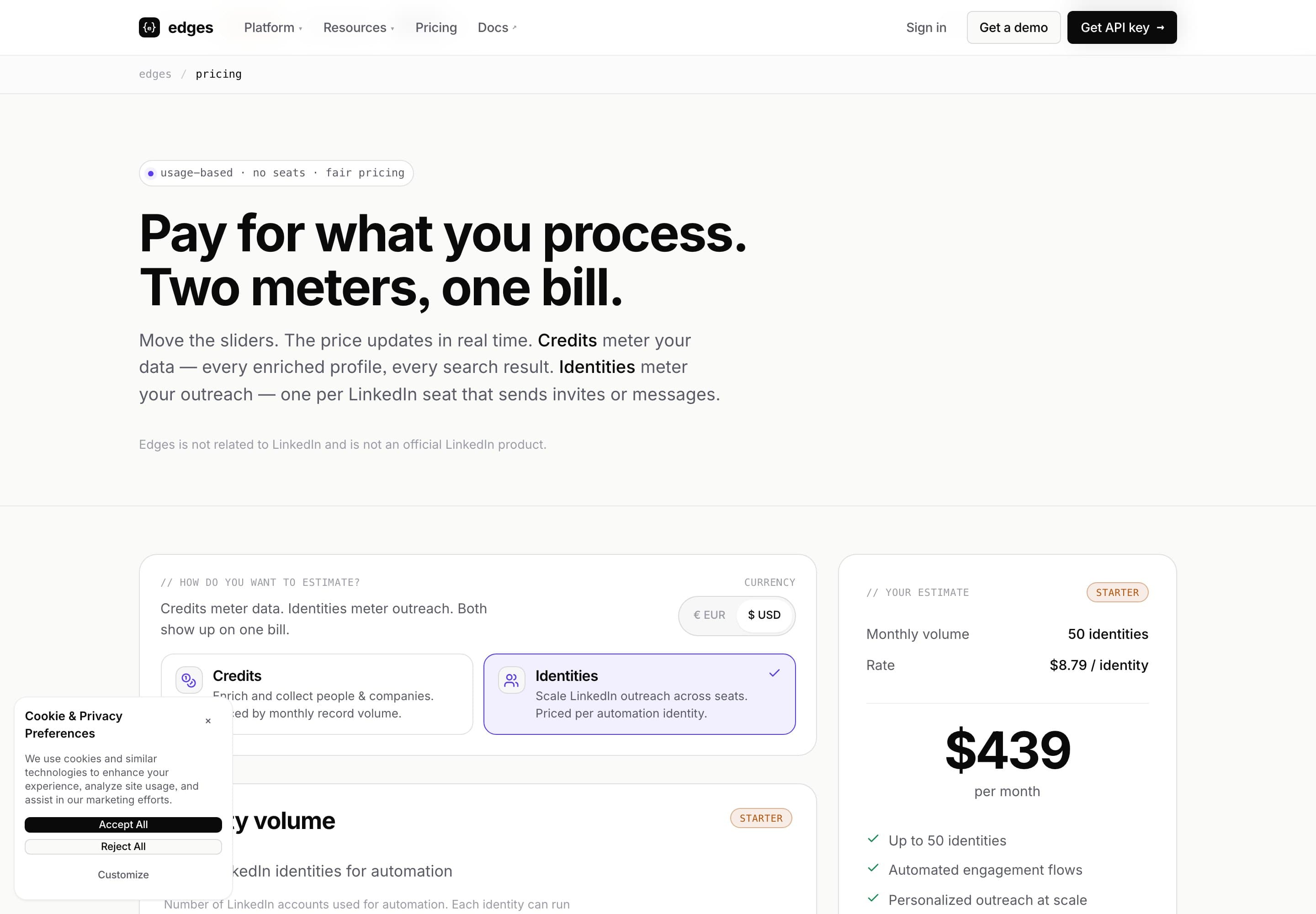 Edges pricing estimator switched to the Identities meter, showing 50 LinkedIn identities at 8.79 dollars each for 439 dollars per month on the Starter tier, with a stated saving of zero percent against the base rate