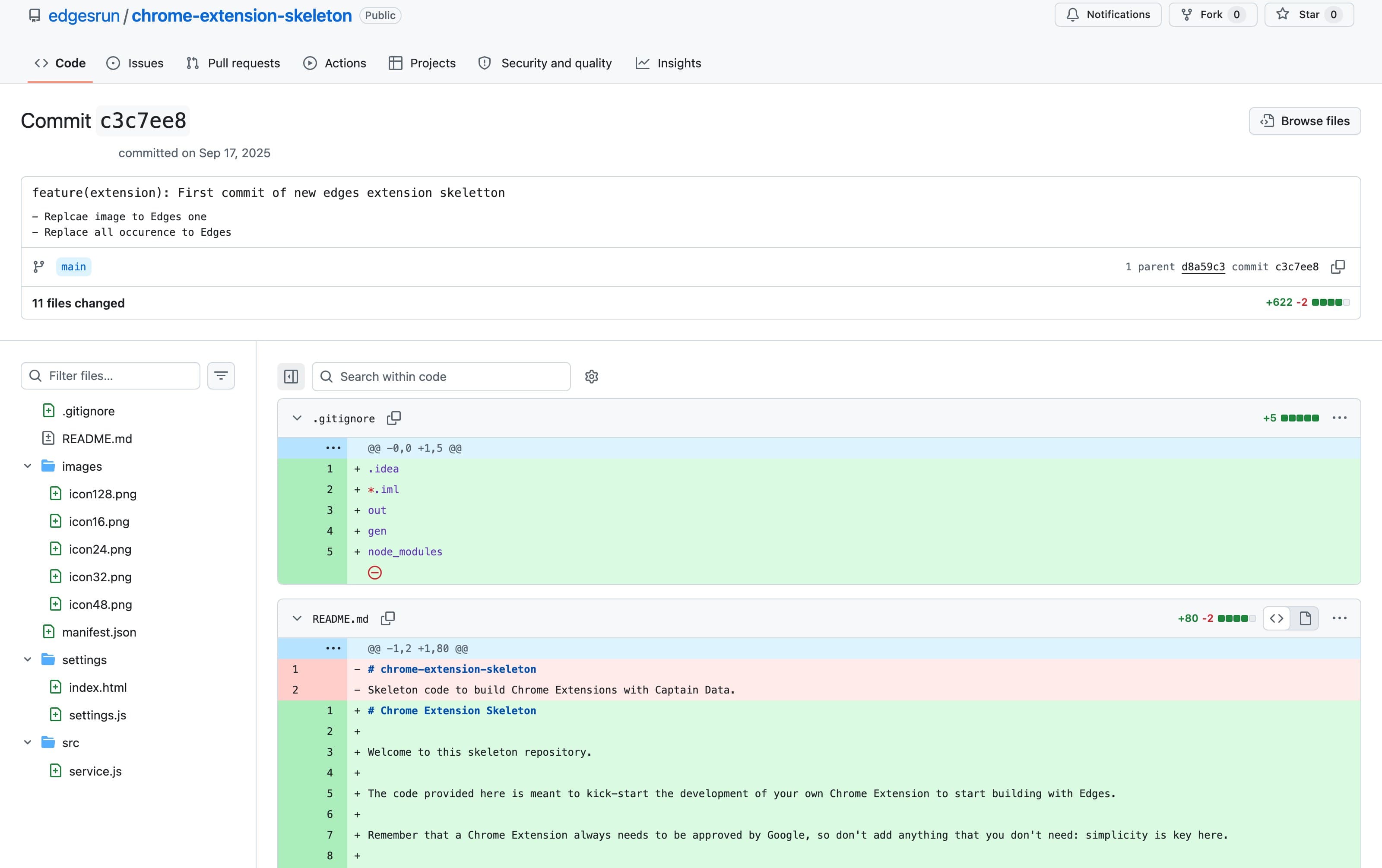 GitHub commit in the Edges repository replacing the Captain Data name with Edges throughout the Chrome extension skeleton README