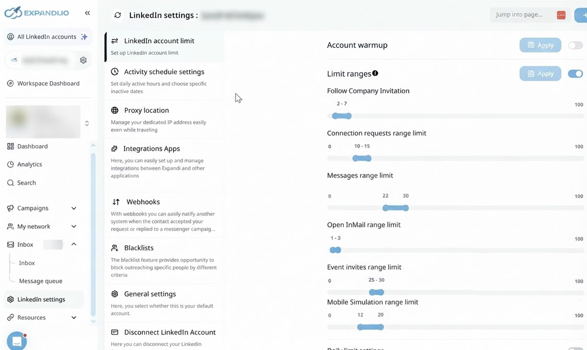 Expandi LinkedIn settings screen with range sliders for connection requests, messages, Open InMail and event invites, plus an account warmup toggle