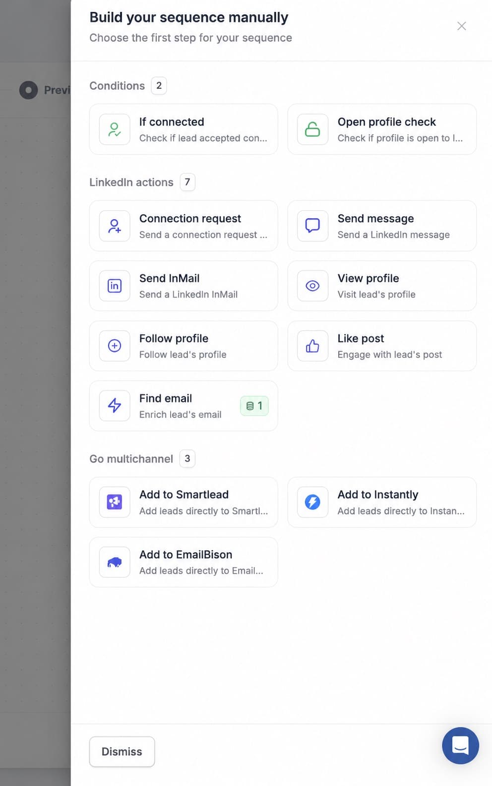 HeyReach sequence step picker listing two conditions, seven LinkedIn actions including connection request, message, InMail and find email, and three multichannel handoffs to Smartlead, Instantly and EmailBison