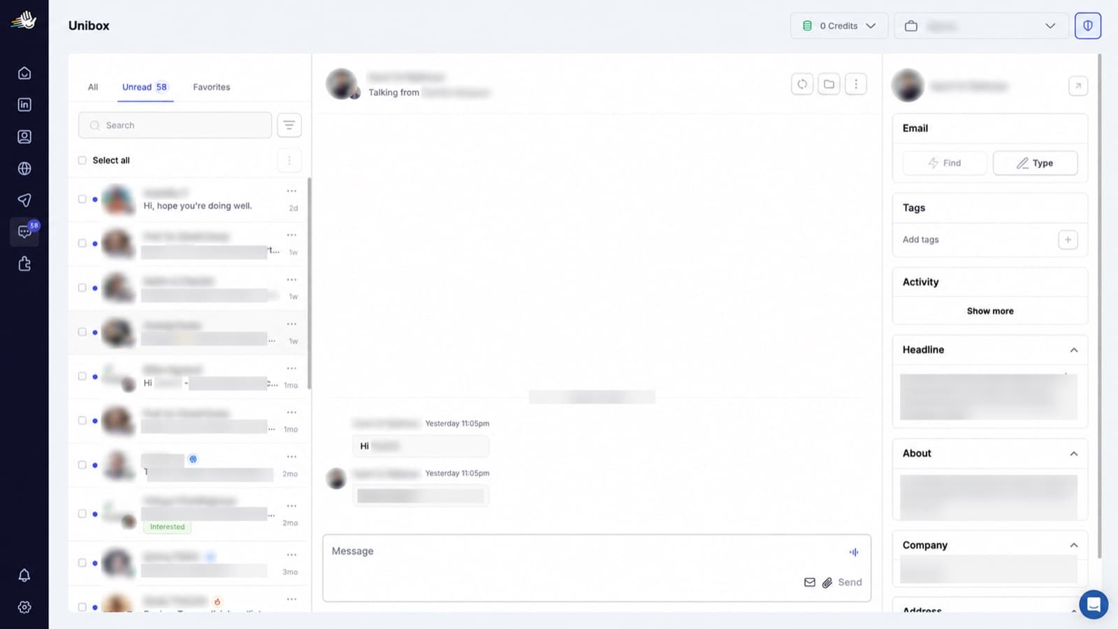 HeyReach unified inbox showing 58 unread conversations, a thread list, a conversation pane and a right rail with email lookup, tags, activity and company details