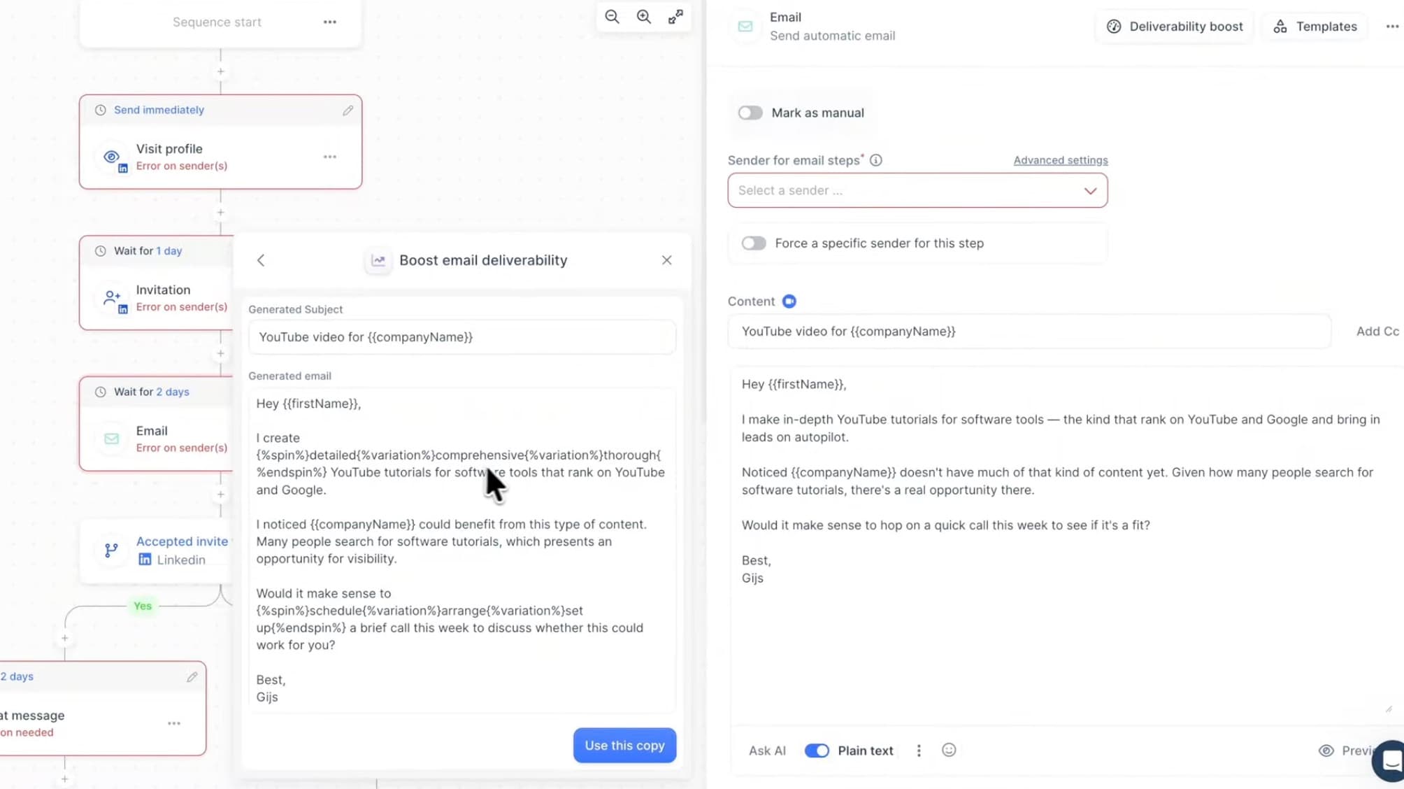 lemlist multichannel sequence editor with profile visit, invitation and email steps, an AI panel rewriting email copy with spintax, and a required sender field flagged in red
