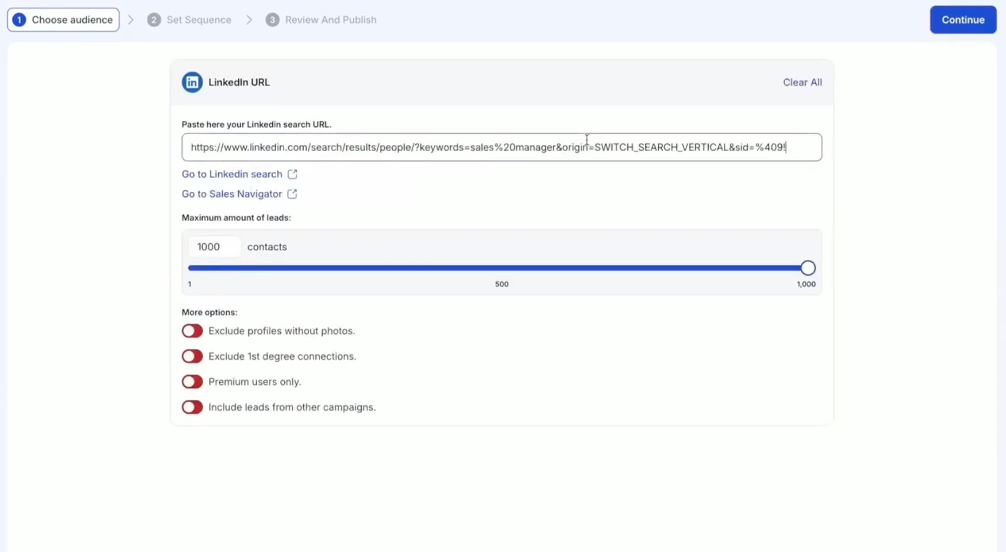 MeetAlfred campaign audience step with a LinkedIn search URL and a maximum leads slider capped at 1,000 contacts, plus toggles to exclude profiles without photos and first-degree connections
