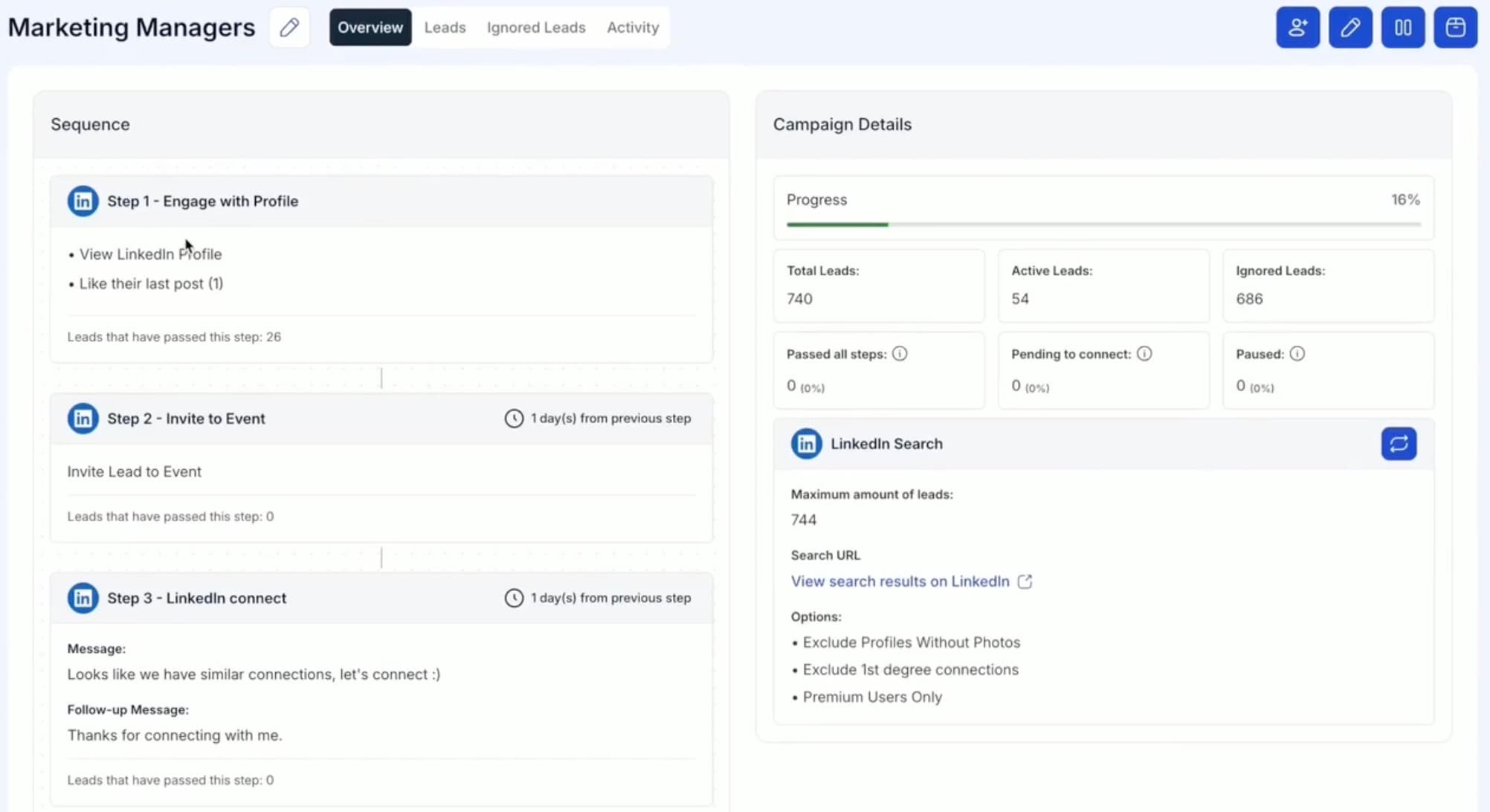 MeetAlfred campaign overview showing a three-step sequence with 26 leads passing step one, and campaign details reporting 740 total leads, 54 active, 686 ignored and 16 percent progress