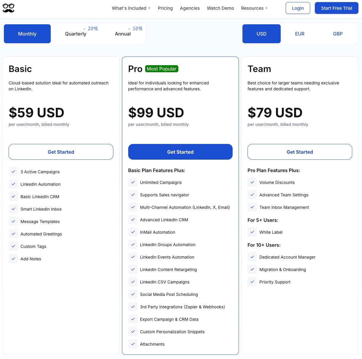MeetAlfred pricing page showing Basic at 59 dollars, Pro at 99 dollars and Team at 79 dollars, all per user per month, with quarterly and annual discounts