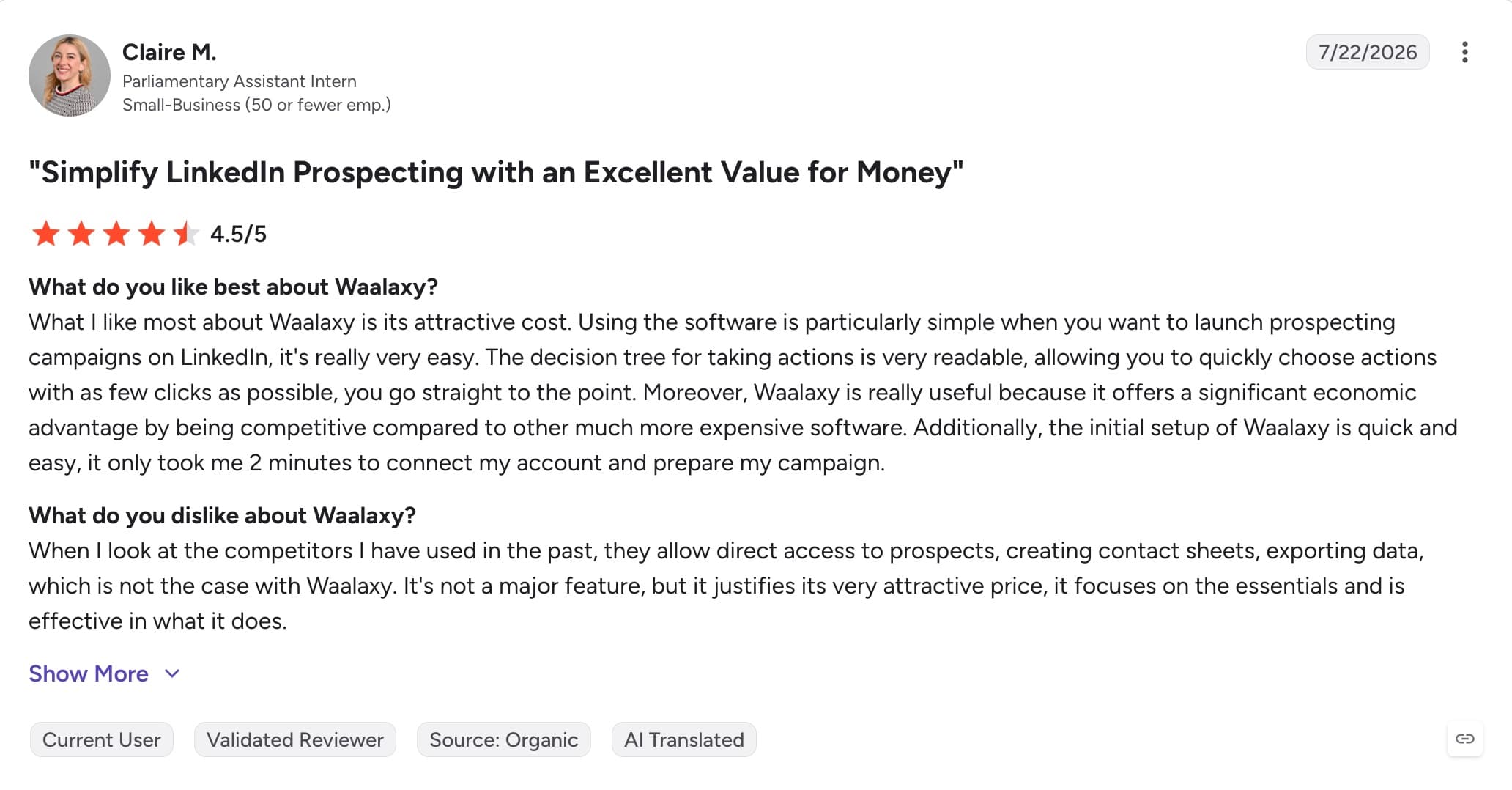 Verified G2 review of Waalaxy praising value for money and easy setup while noting missing prospect data access and exports
