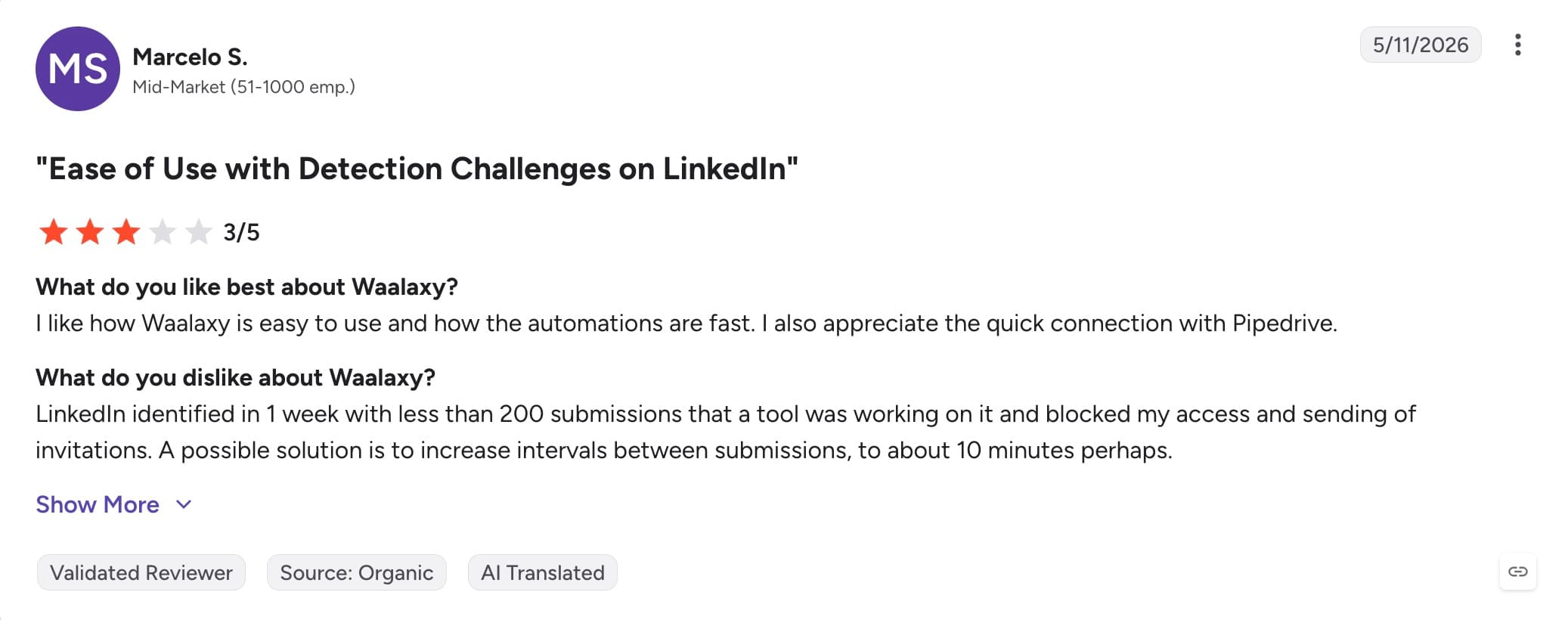 Verified G2 review of Waalaxy reporting LinkedIn detected the tool within one week and blocked access and invitations