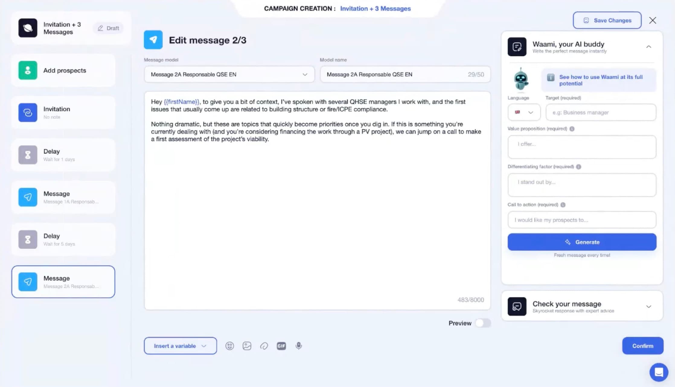 Waalaxy message editor with template variables and the Waami AI assistant form asking for target, value proposition, and call to action