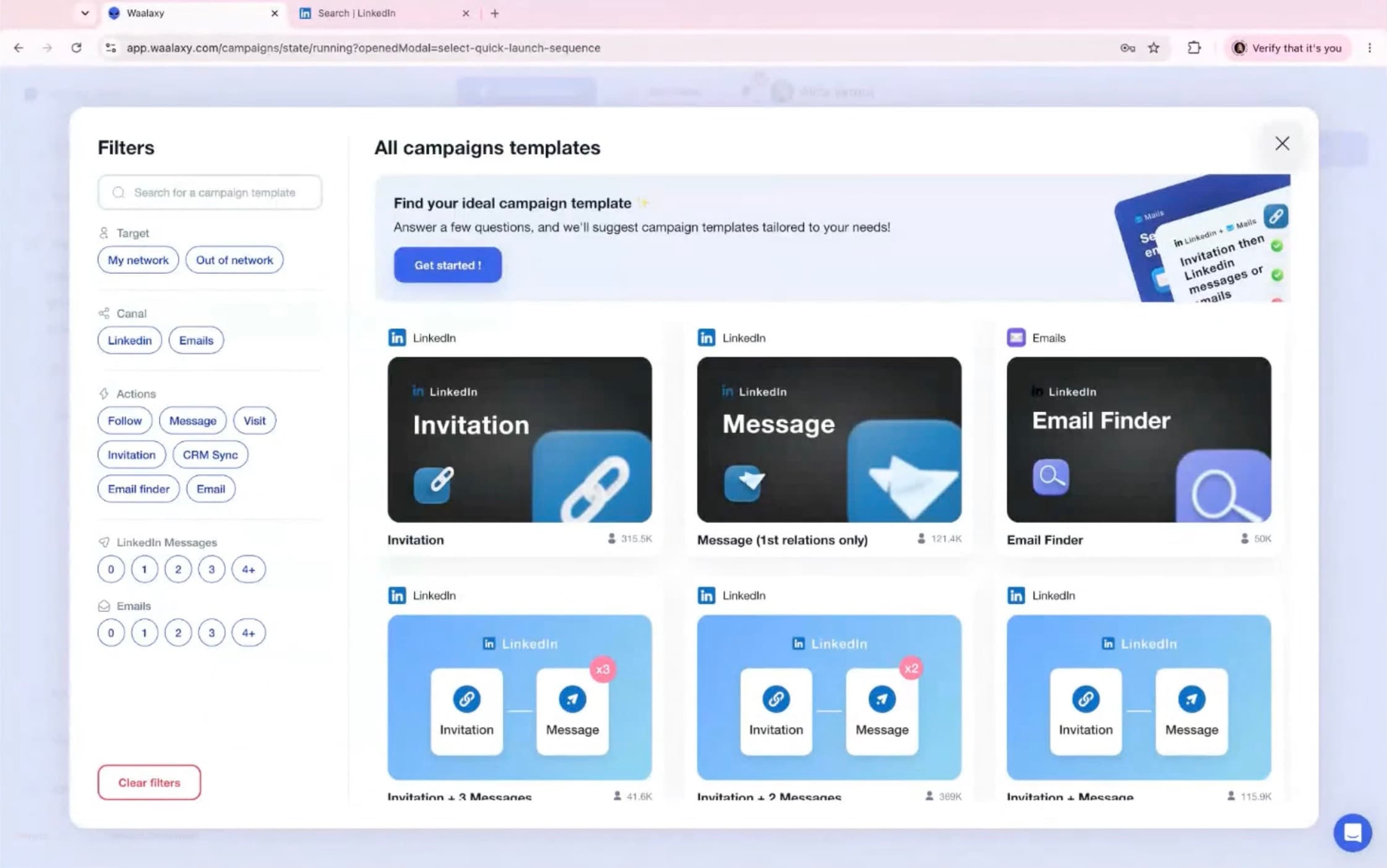 Waalaxy campaign creation modal showing a list of prebuilt templates like Invitation, Message, and Email Finder